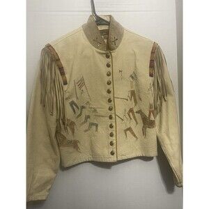 Double D Ranch Vintage  Fringe Soft Denim  Jacket Hand Painted Rare XS (Read)